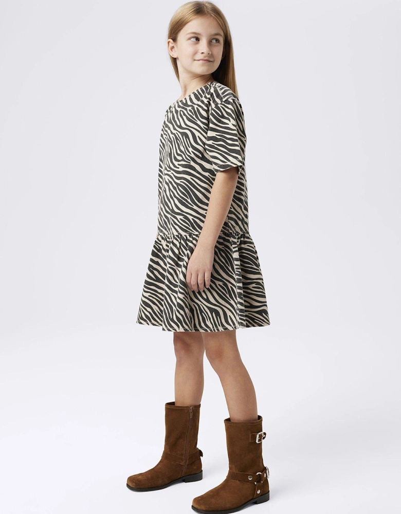 Girls Zebra Print Drop Waist Dress - Black