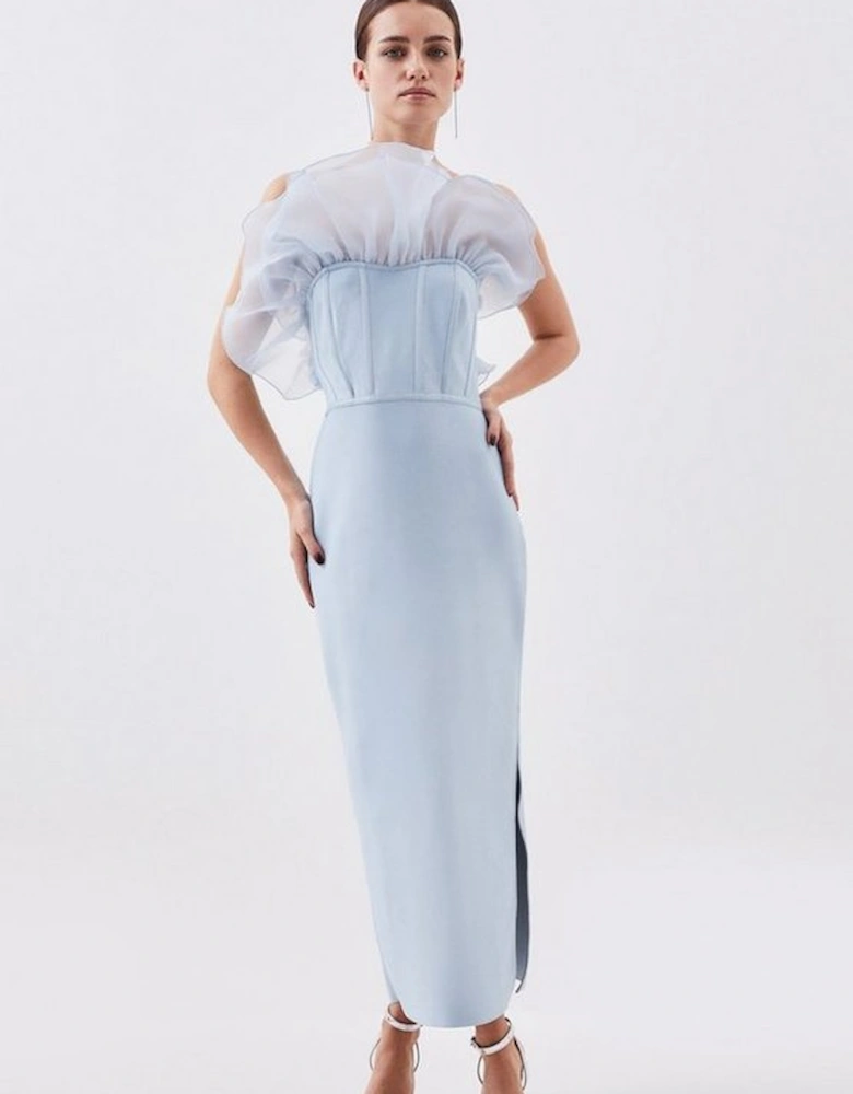 Petite Bandage Figure Form Knit Organza Frill Maxi Dress