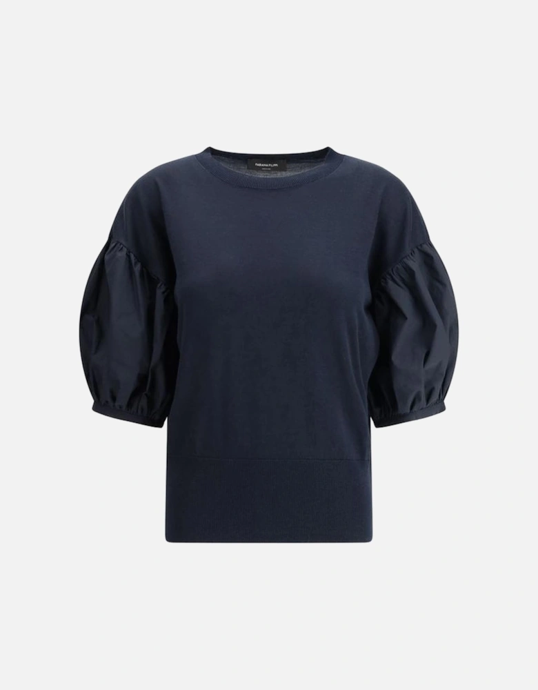 Puff Sleeve Ribbed Crew Neck Sweater Women - Blue T-Shirts