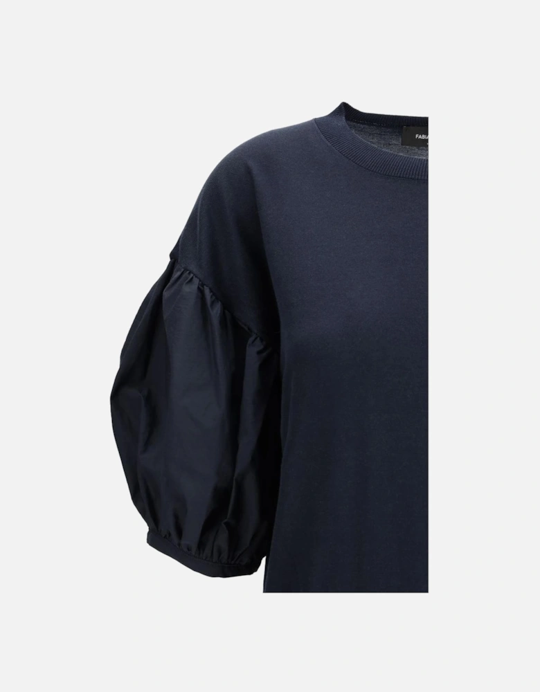 Puff Sleeve Ribbed Crew Neck Sweater Women - Blue T-Shirts