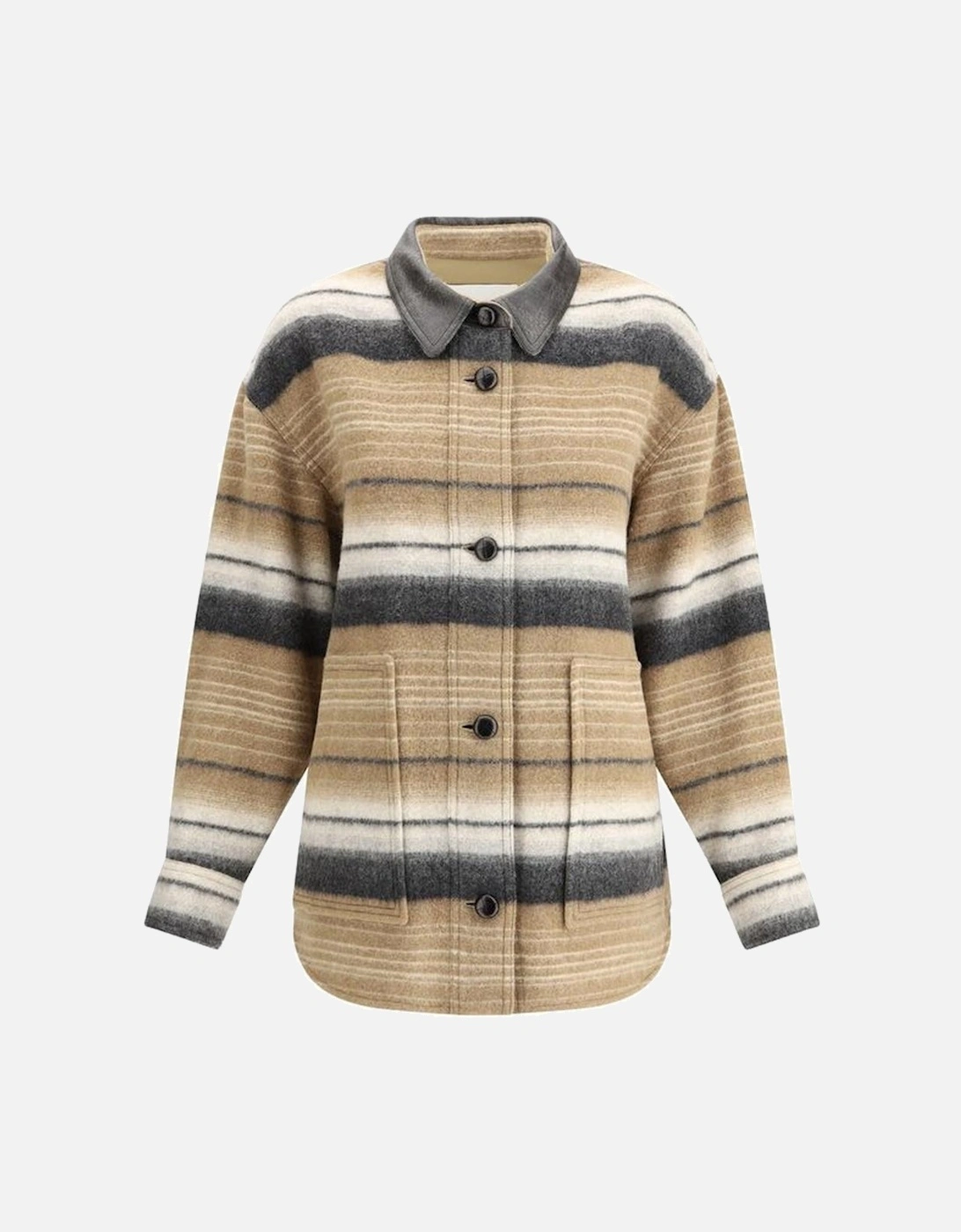 Wool Striped Jacket with Leather Collar Women - Brown Jackets, 4 of 3