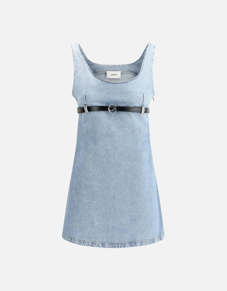 Denim Sleeveless Short Dress with Leather Belt Women - Light Blue