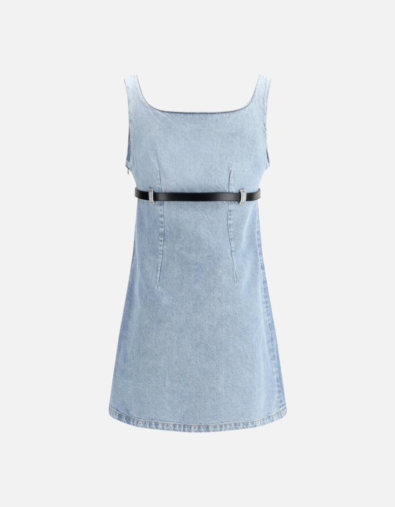 Denim Sleeveless Short Dress with Leather Belt Women - Light Blue