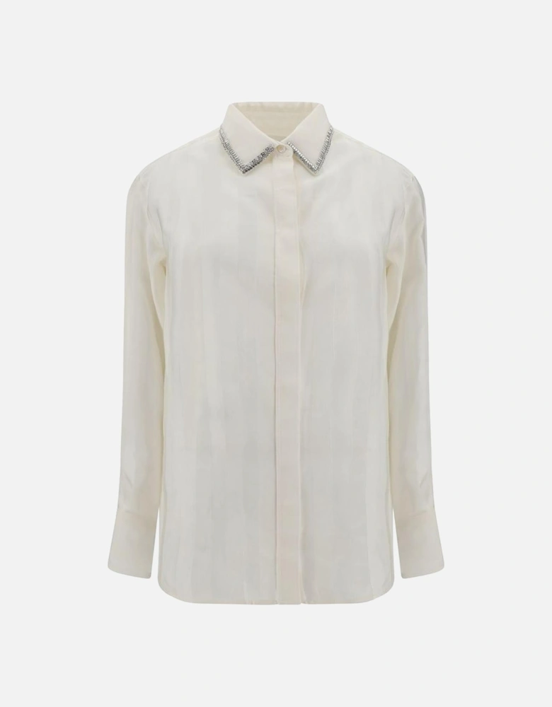 Rhinestone Collar Striped Satin Shirt Women - Cream