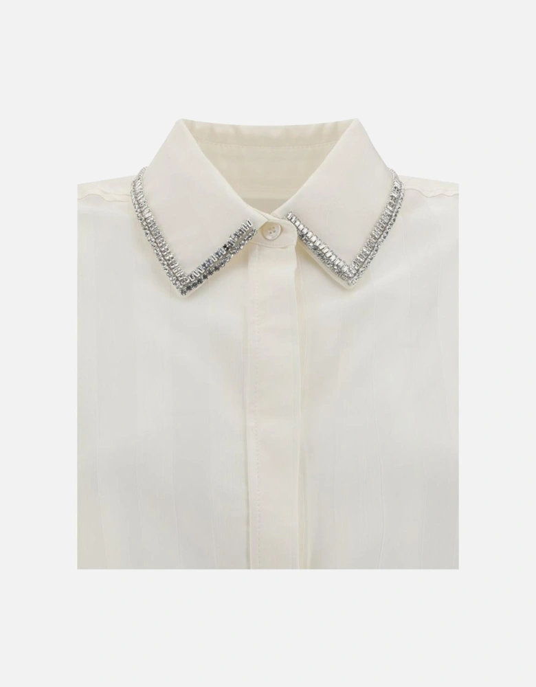 Rhinestone Collar Striped Satin Shirt Women - Cream