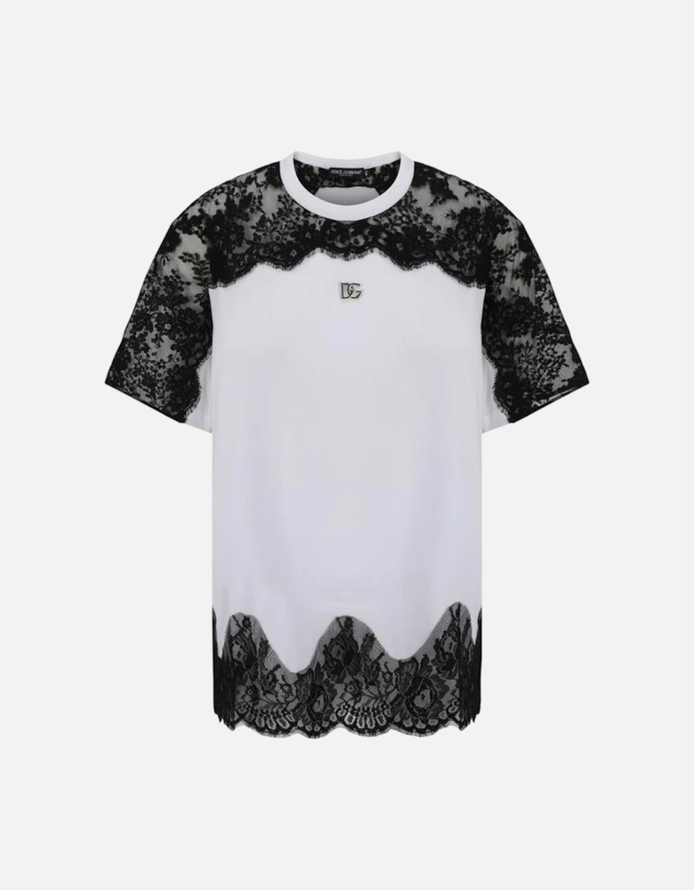 Cotton T-Shirt with Lace Details and Logo Plaque Women - White