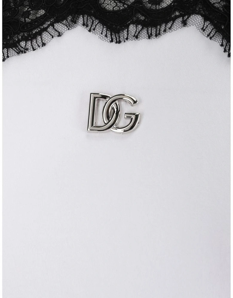 Cotton T-Shirt with Lace Details and Logo Plaque Women - White