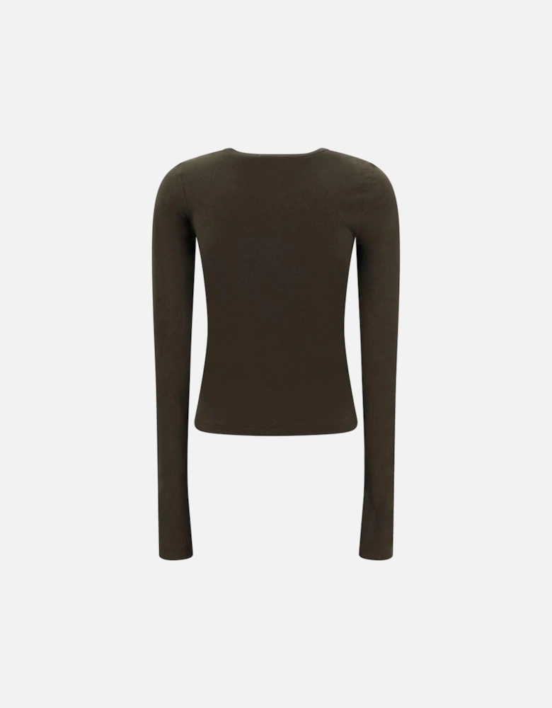 Cotton Long-Sleeve Fitted Top with Ribbed Crew Neck Women - Brown