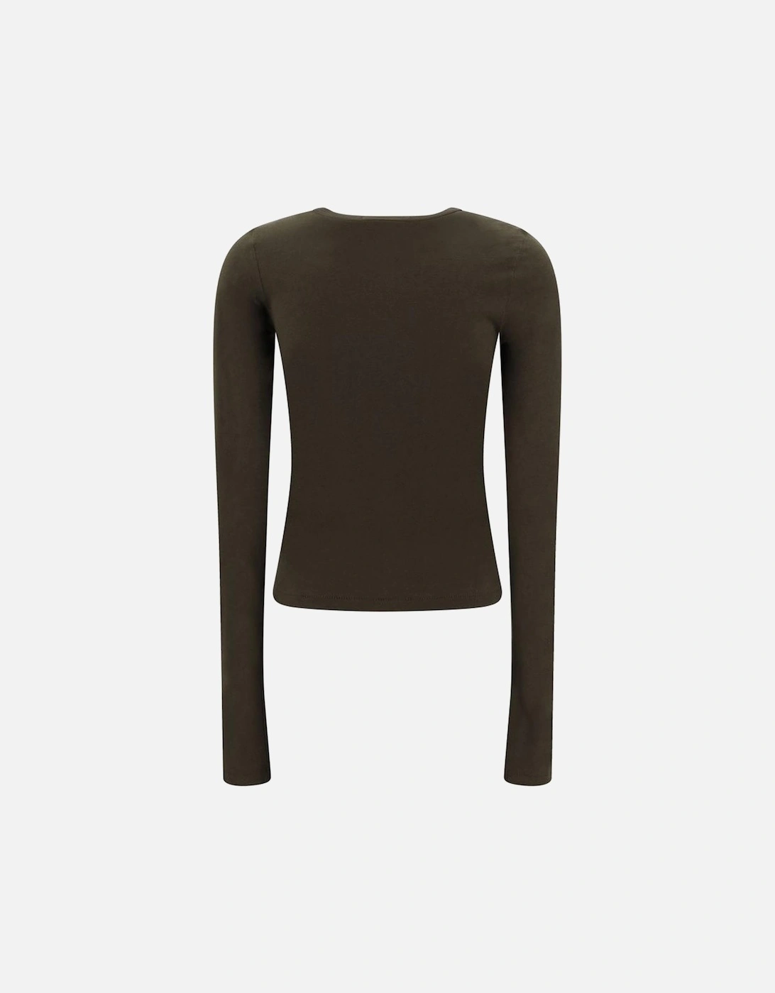 Cotton Long-Sleeve Fitted Top with Ribbed Crew Neck Women - Brown