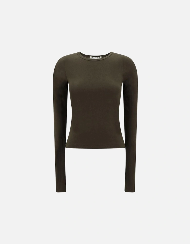 Cotton Long-Sleeve Fitted Top with Ribbed Crew Neck Women - Brown