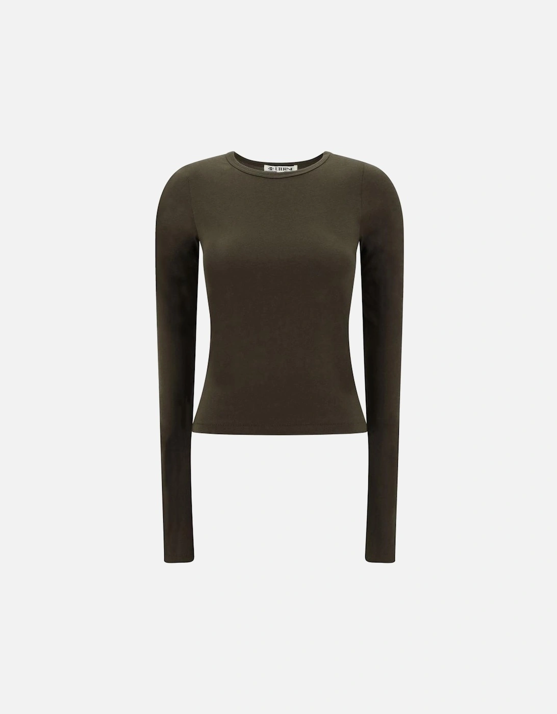 Cotton Long-Sleeve Fitted Top with Ribbed Crew Neck Women - Brown, 4 of 3