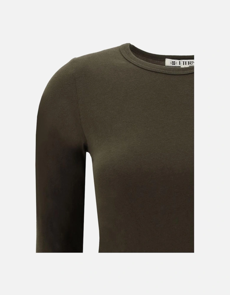 Cotton Long-Sleeve Fitted Top with Ribbed Crew Neck Women - Brown