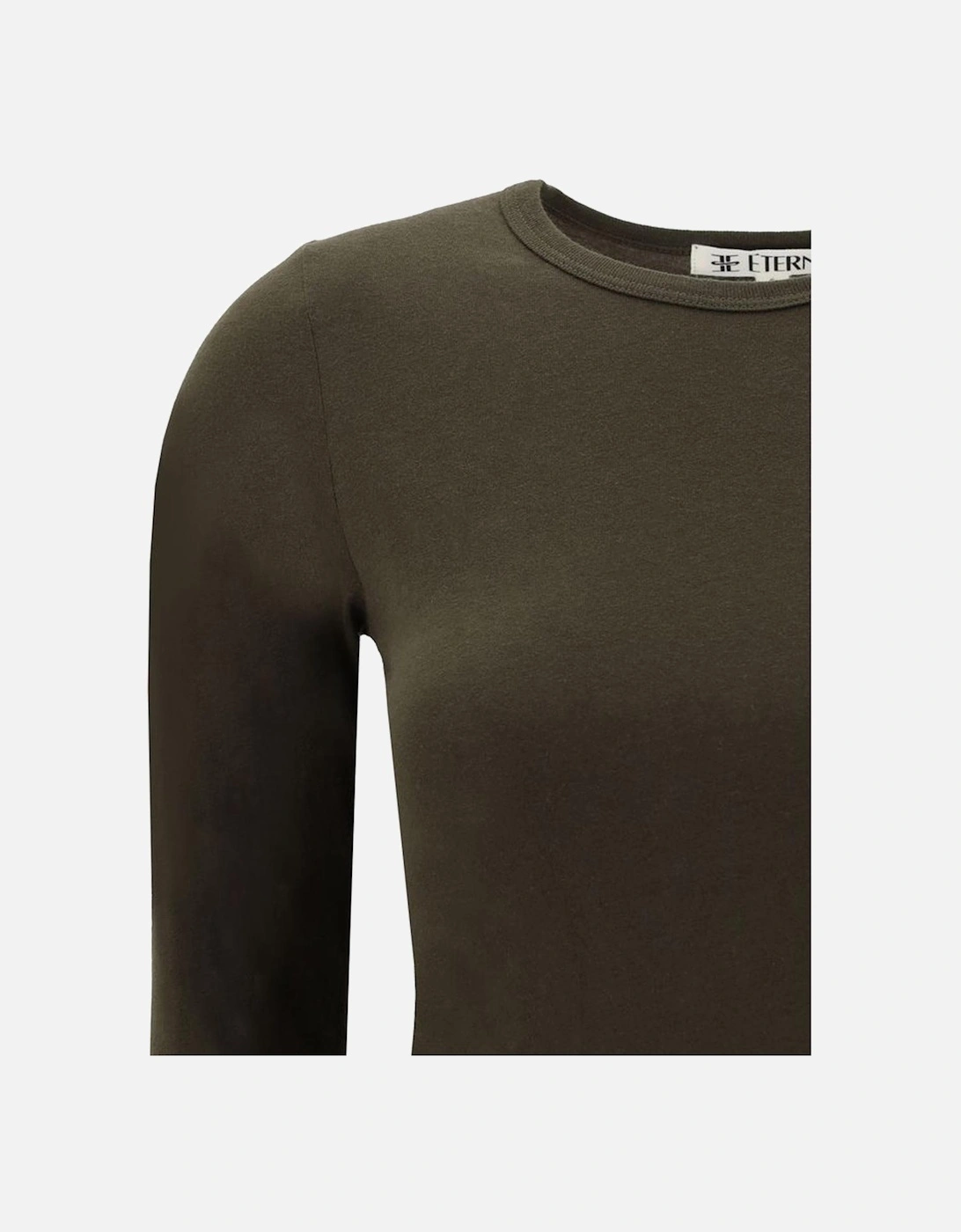 Cotton Long-Sleeve Fitted Top with Ribbed Crew Neck Women - Brown
