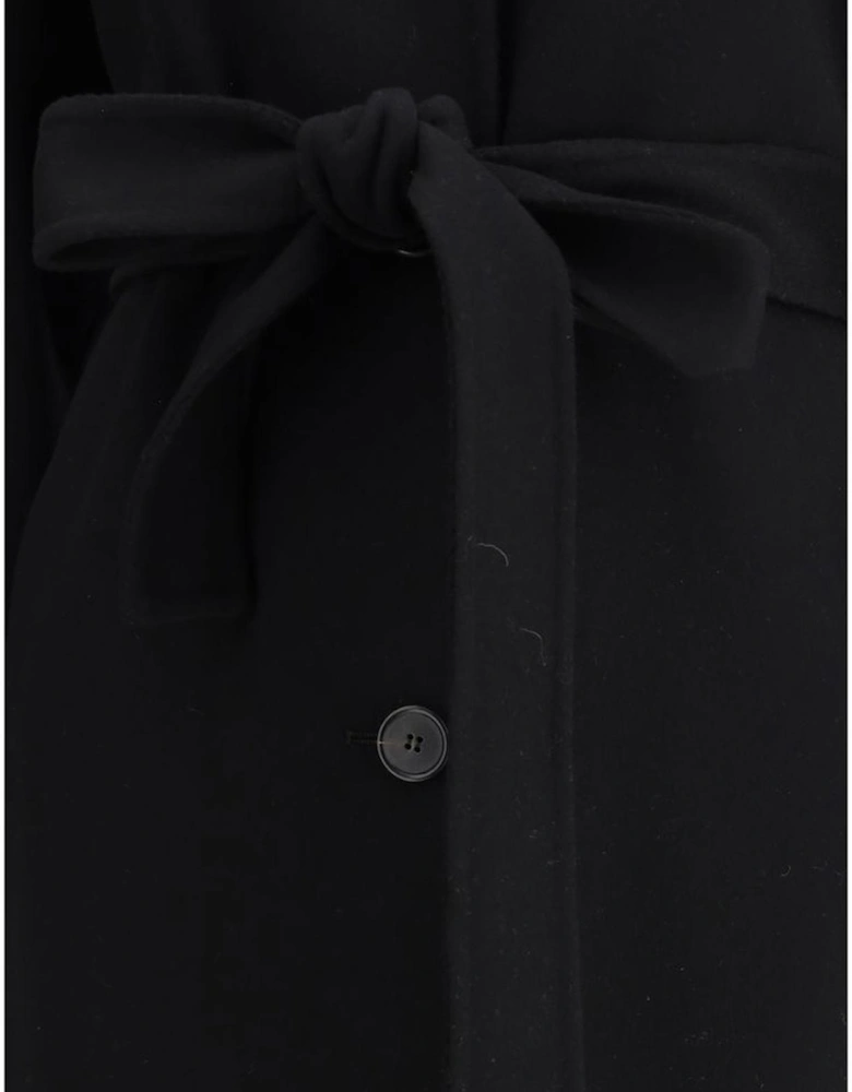 Long Crew Neck Coat with Knotted Waist Sash Women - Black Jackets