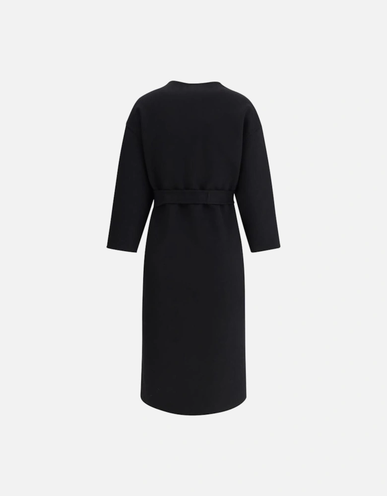 Long Crew Neck Coat with Knotted Waist Sash Women - Black Jackets