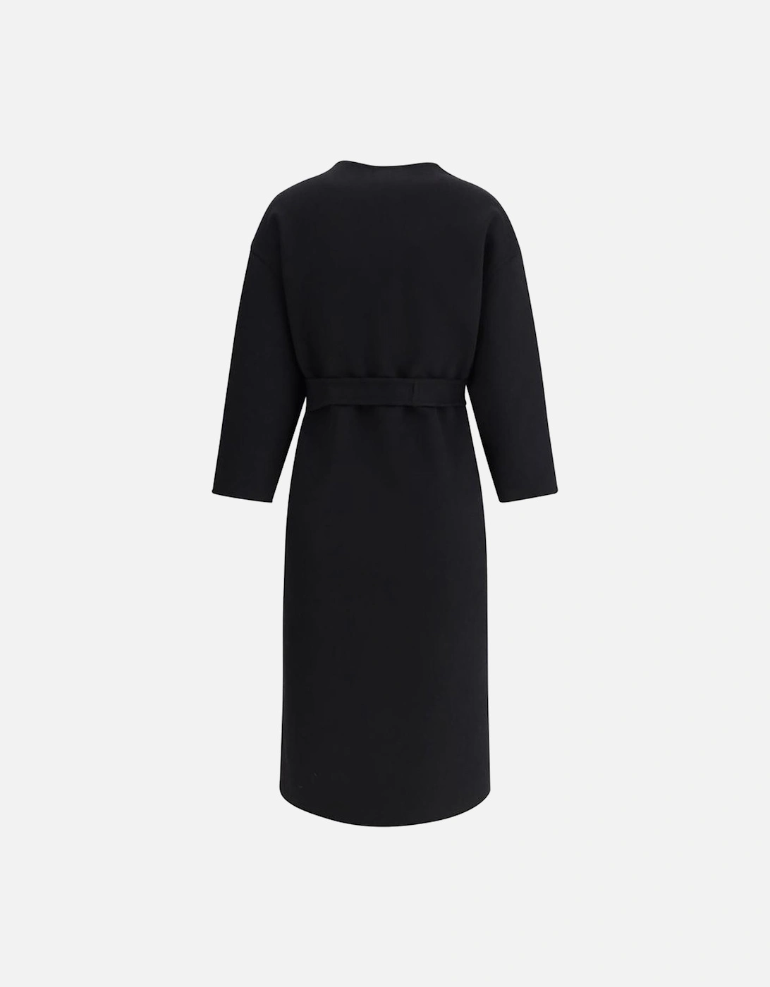 Long Crew Neck Coat with Knotted Waist Sash Women - Black Jackets