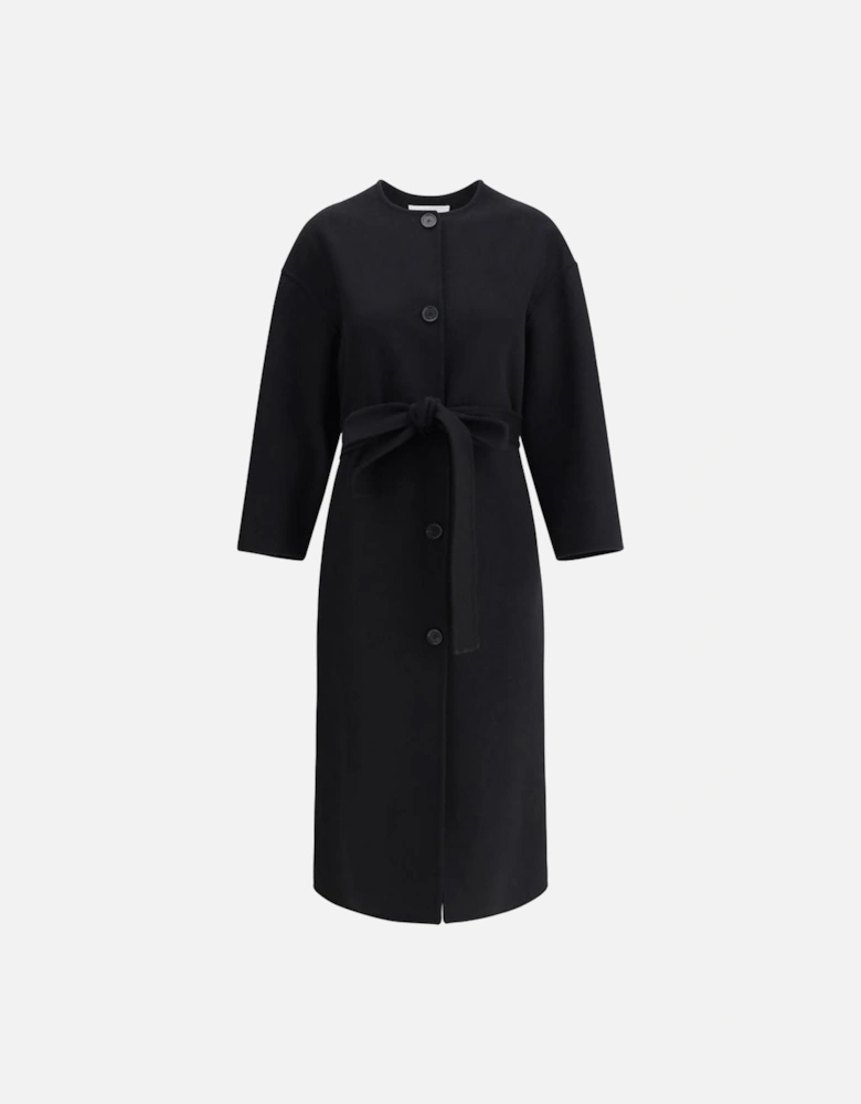 Long Crew Neck Coat with Knotted Waist Sash Women - Black Jackets
