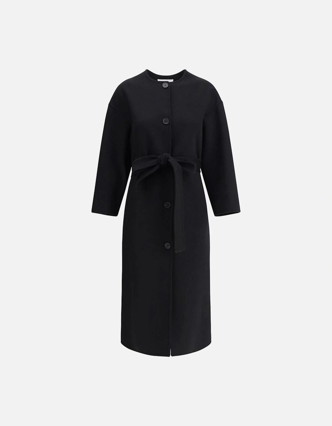 Long Crew Neck Coat with Knotted Waist Sash Women - Black Jackets, 4 of 3