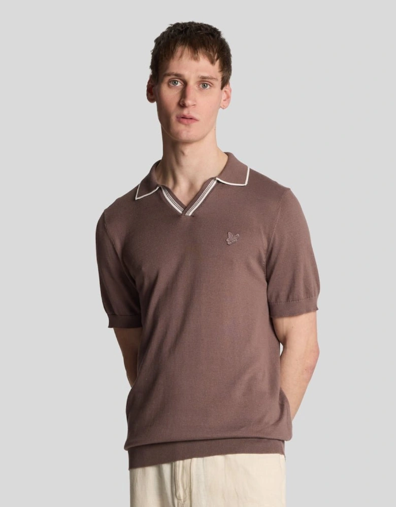 Tipped Knitted Open Collar Polo Shirt