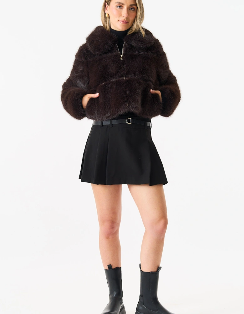 Brown Panel Faux Fur Cropped Jacket