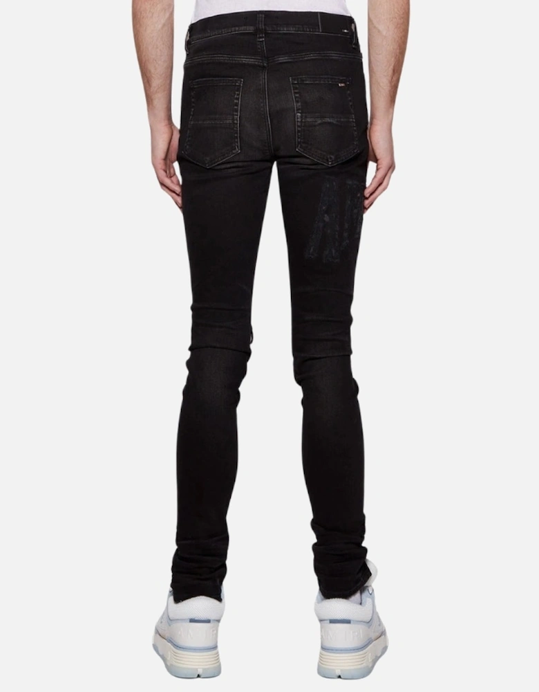 Slim Fit Distressed Logo Aged Black Denim Jeans