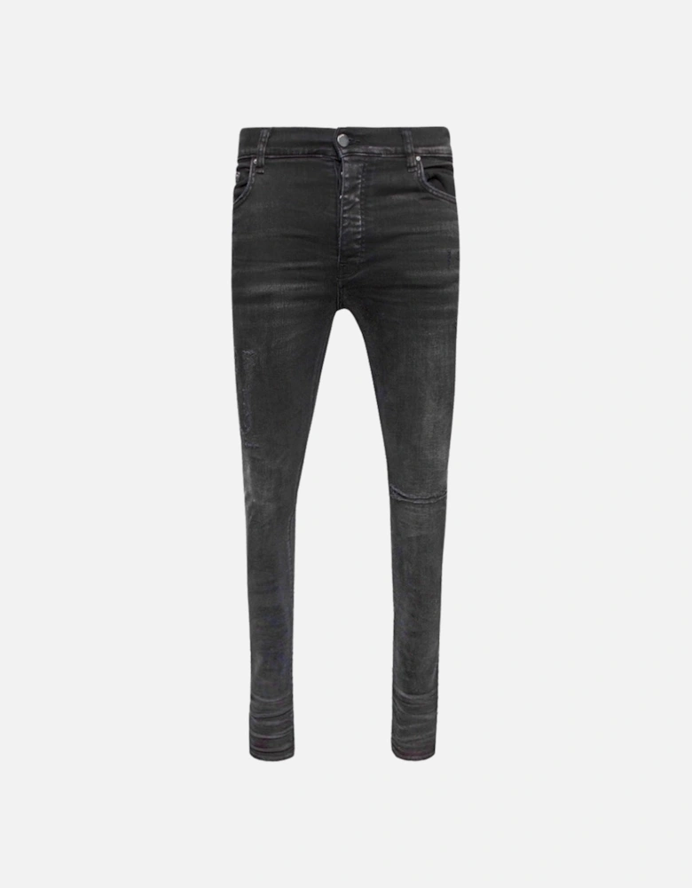 Slim Fit Distressed Logo Aged Black Denim Jeans