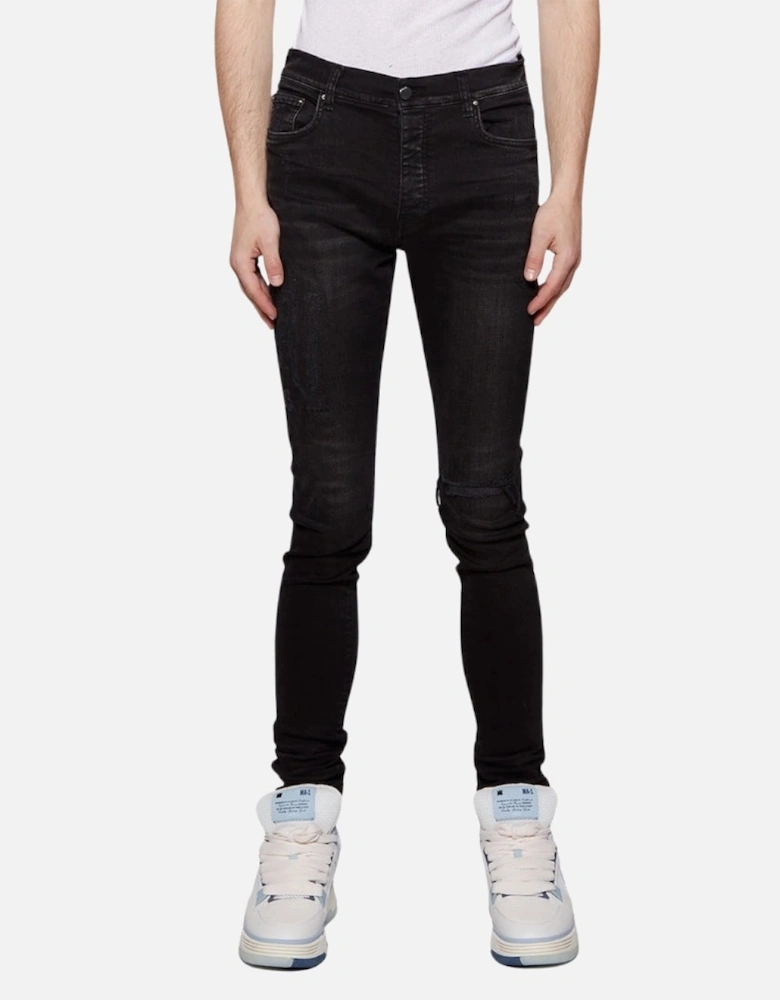 Slim Fit Distressed Logo Aged Black Denim Jeans