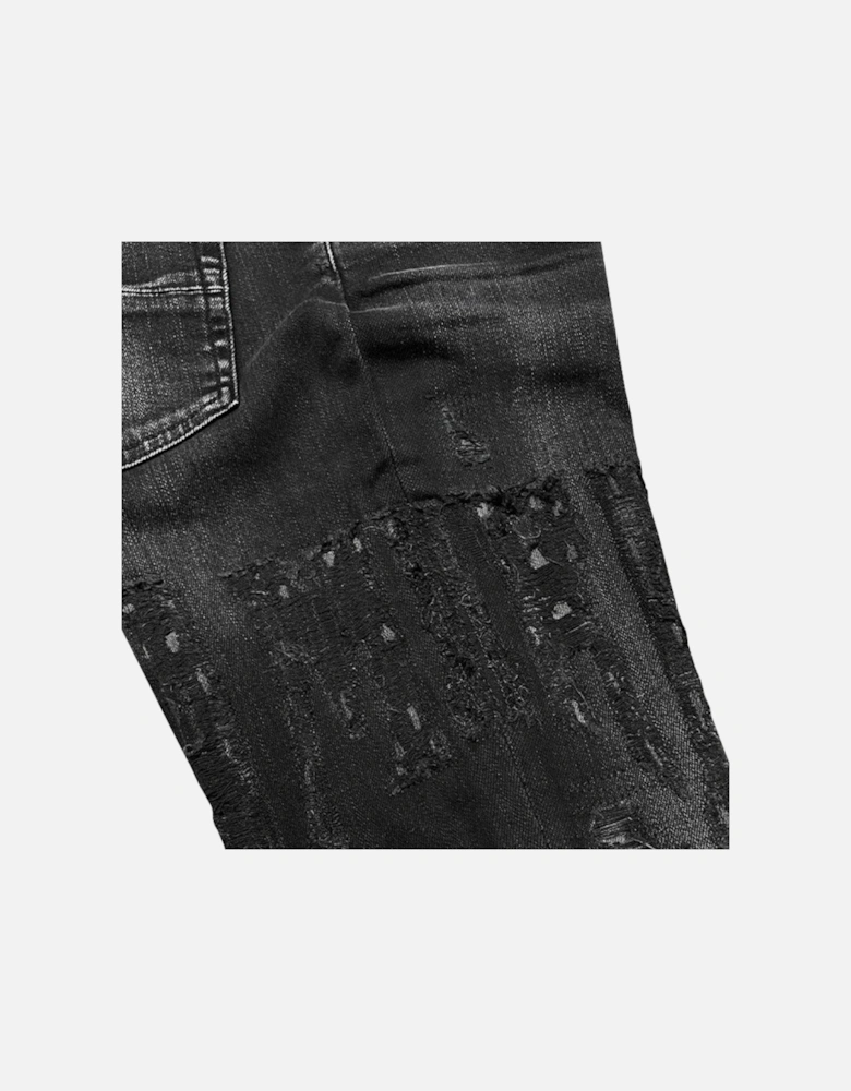 Slim Fit Distressed Logo Aged Black Denim Jeans