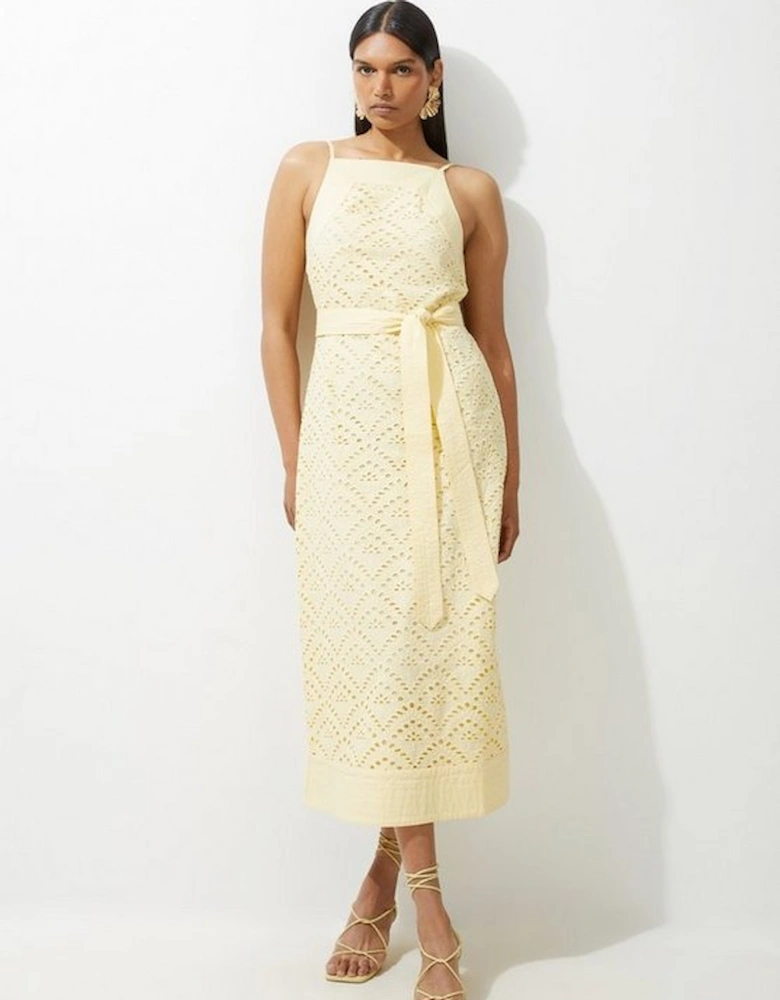 Cotton Broderie Woven Belted Midi Dress