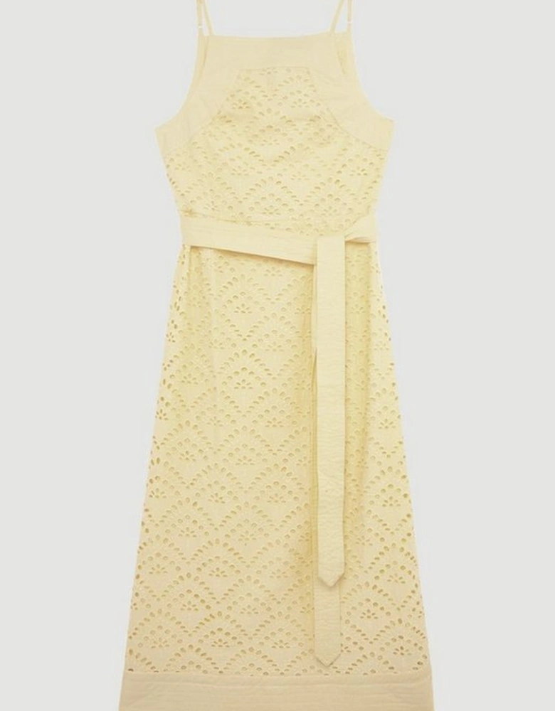 Cotton Broderie Woven Belted Midi Dress