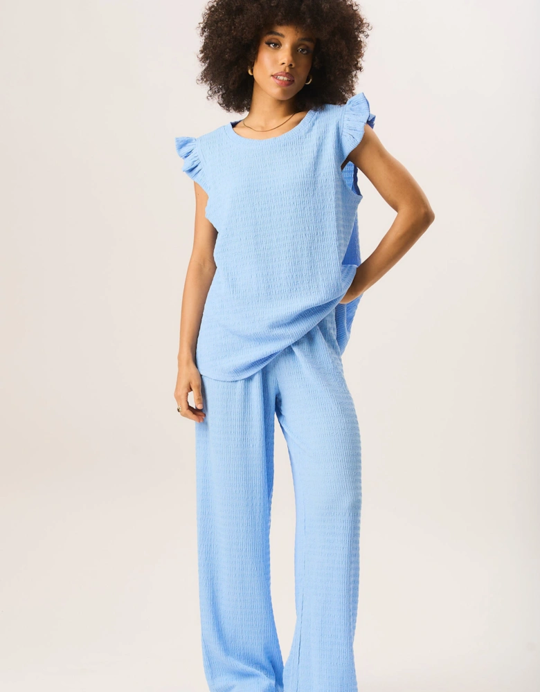 Blue Textured Elastic Waist Pull On Trousers