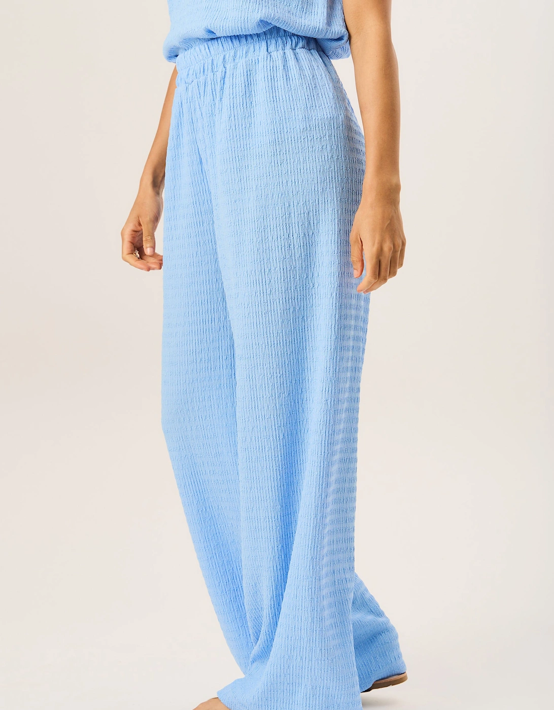 Blue Textured Elastic Waist Pull On Trousers