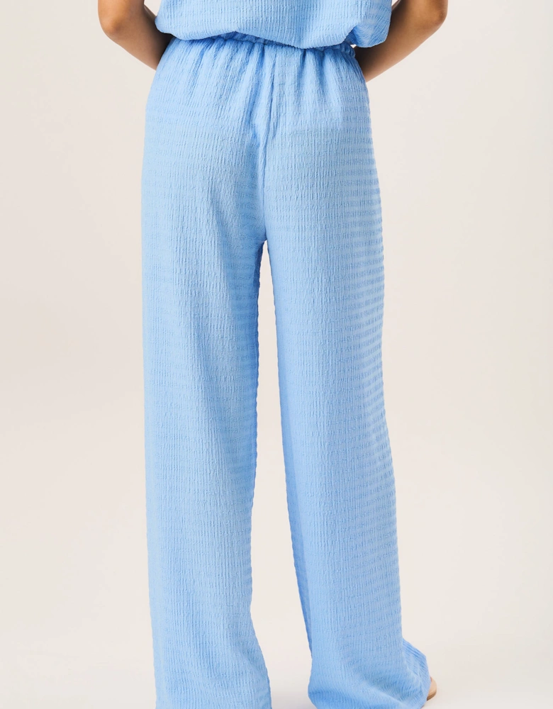 Blue Textured Elastic Waist Pull On Trousers