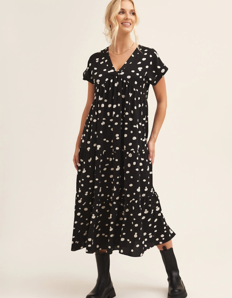 Black Polka Dot V Neck Tiered Midi Dress