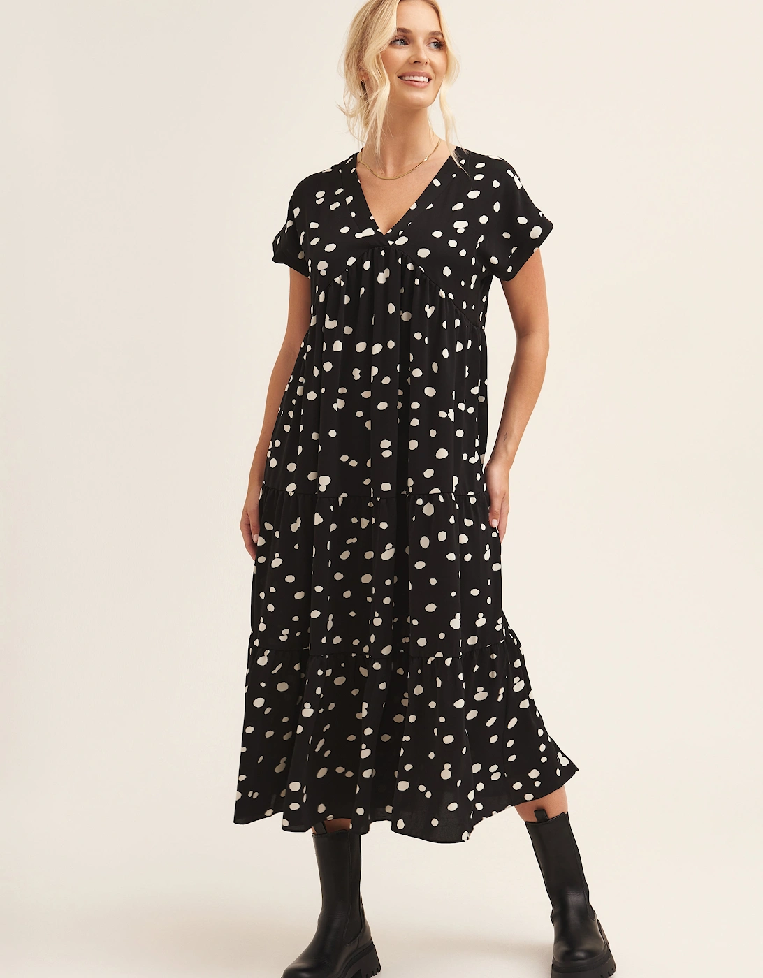 Black Polka Dot V Neck Tiered Midi Dress, 4 of 3