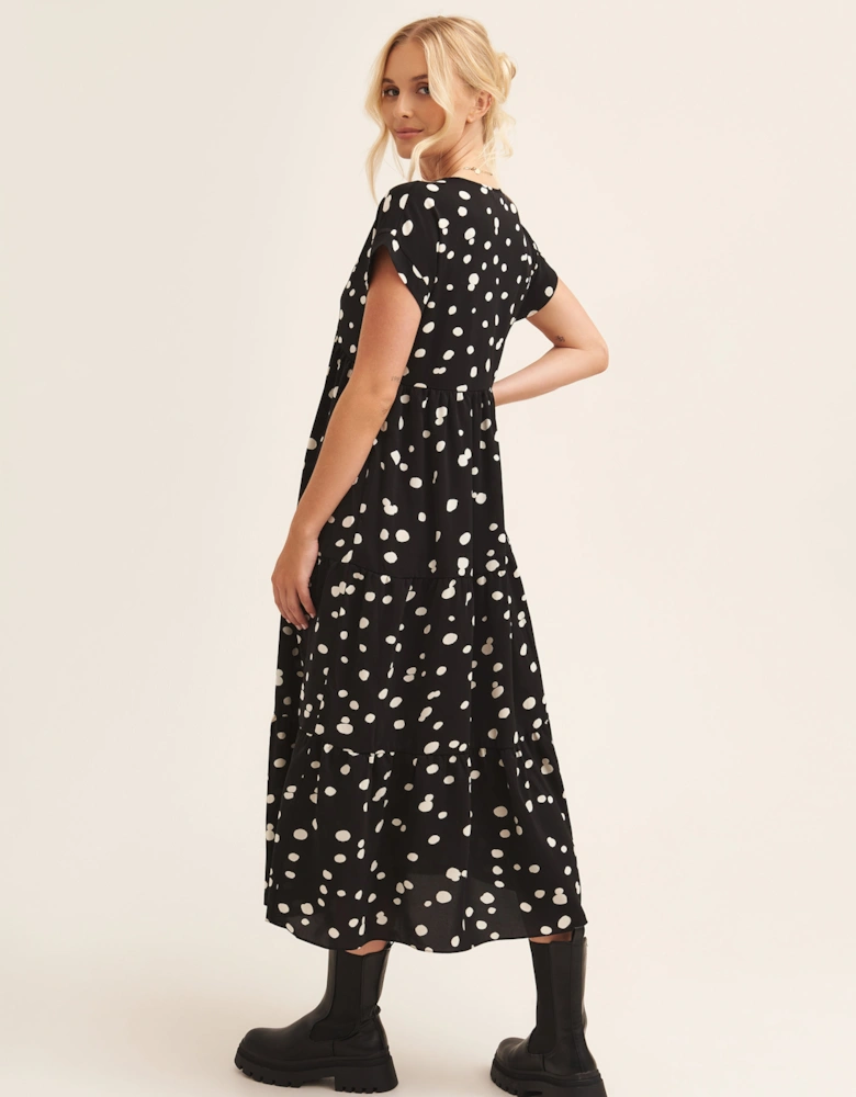 Black Polka Dot V Neck Tiered Midi Dress