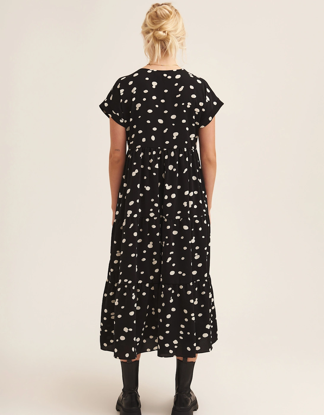 Black Polka Dot V Neck Tiered Midi Dress