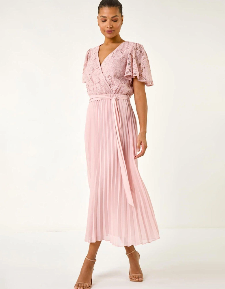 Lace Detail Wrap Midi Dress - Pink