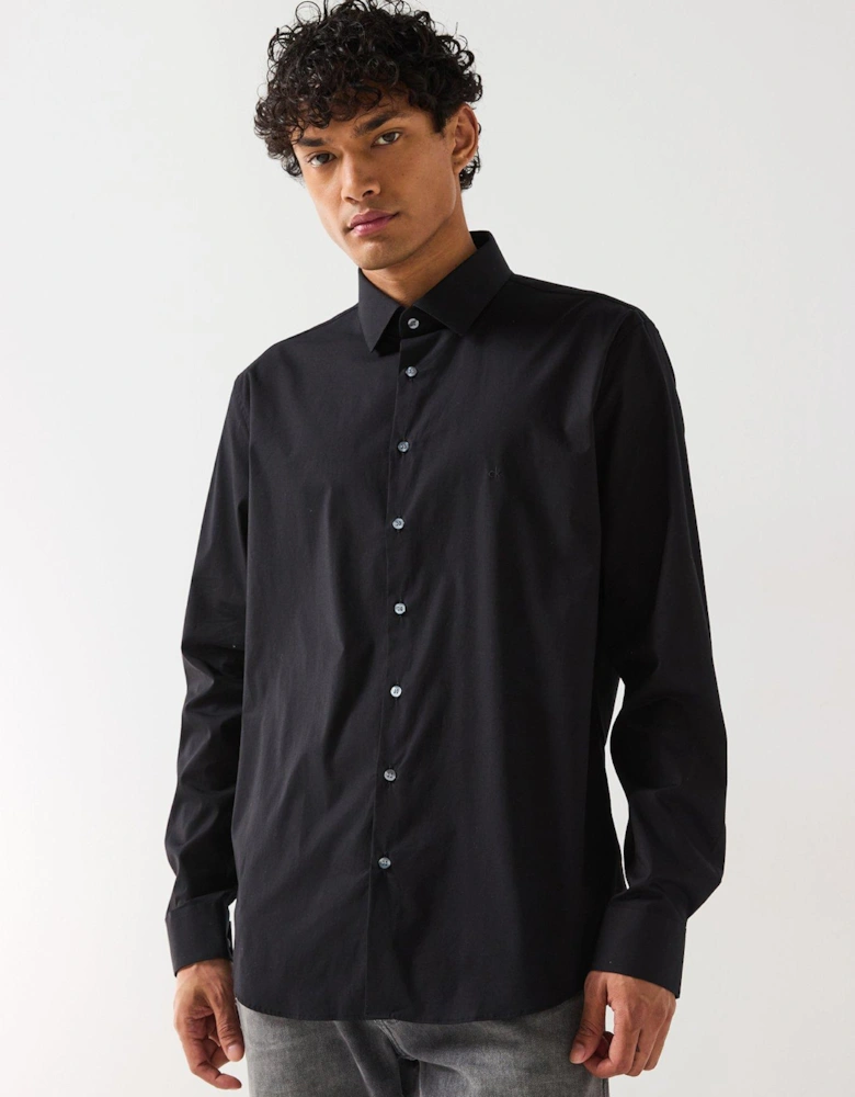 Poplin Stretch Slim Long Sleeve Shirt - Black