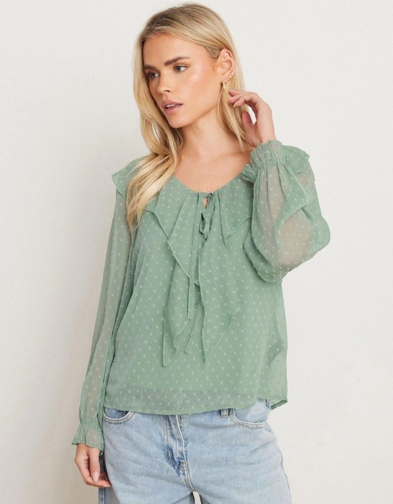 Petite Dobby Frill Long Sleeve Blouse