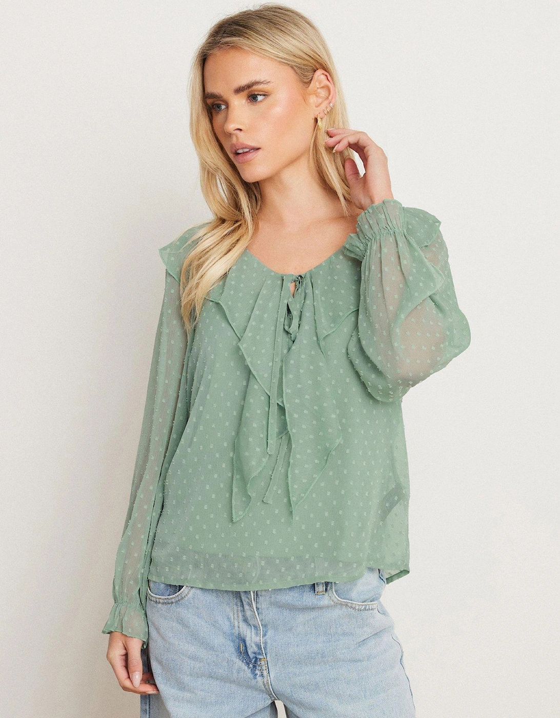 Petite Dobby Frill Long Sleeve Blouse, 2 of 1