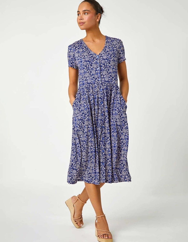 Petite Floral Button Pocket Midi Dress