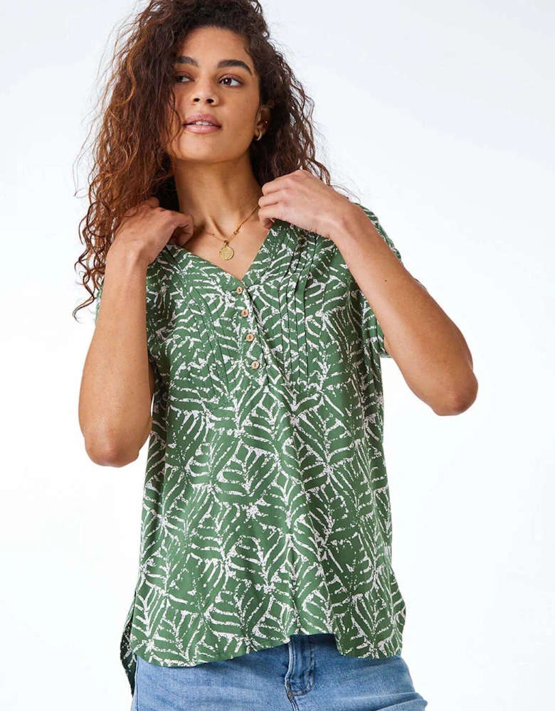 Abstract Print Button Detail V-neck Top