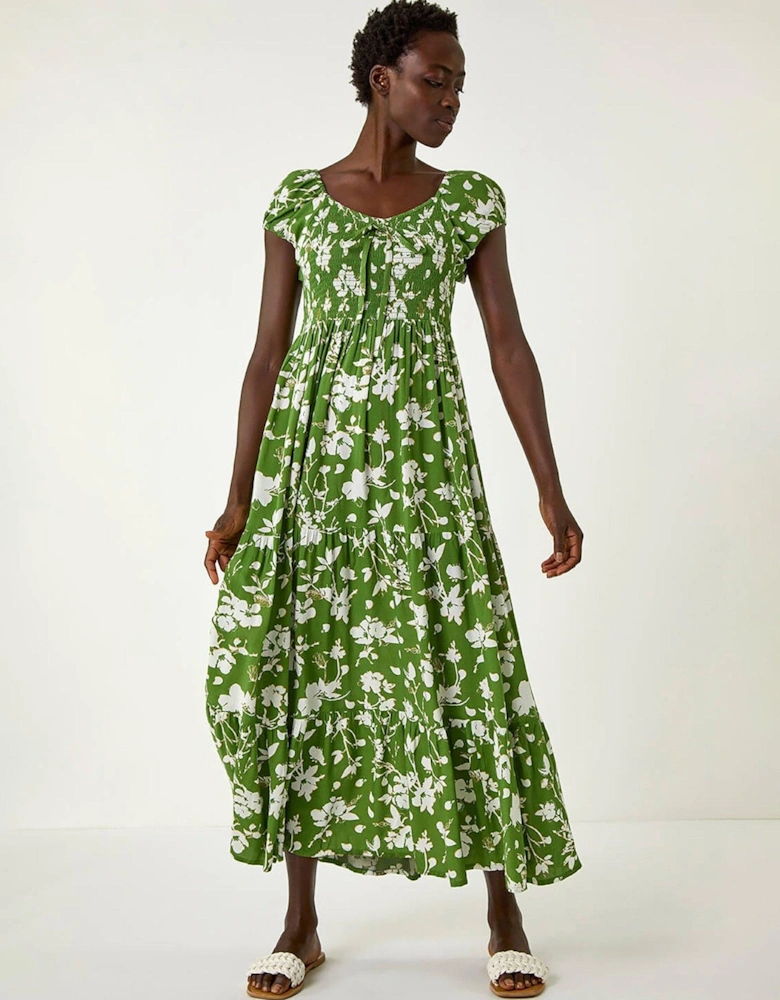 Floral Print Tiered Maxi Dress - Green