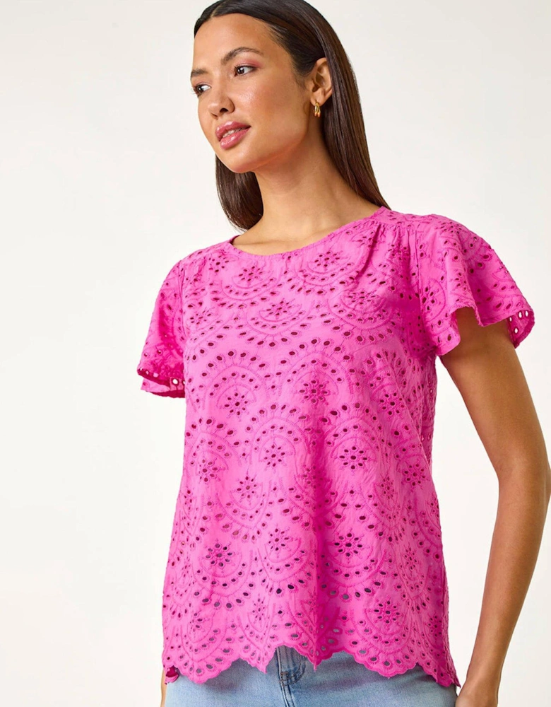 Broderie Short Sleeve Top - Pink