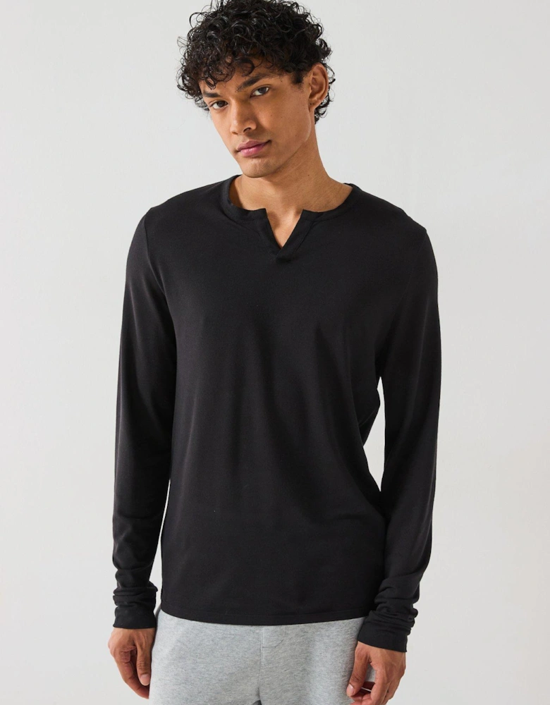 Loungewear Long Sleeve Henley Top - Black