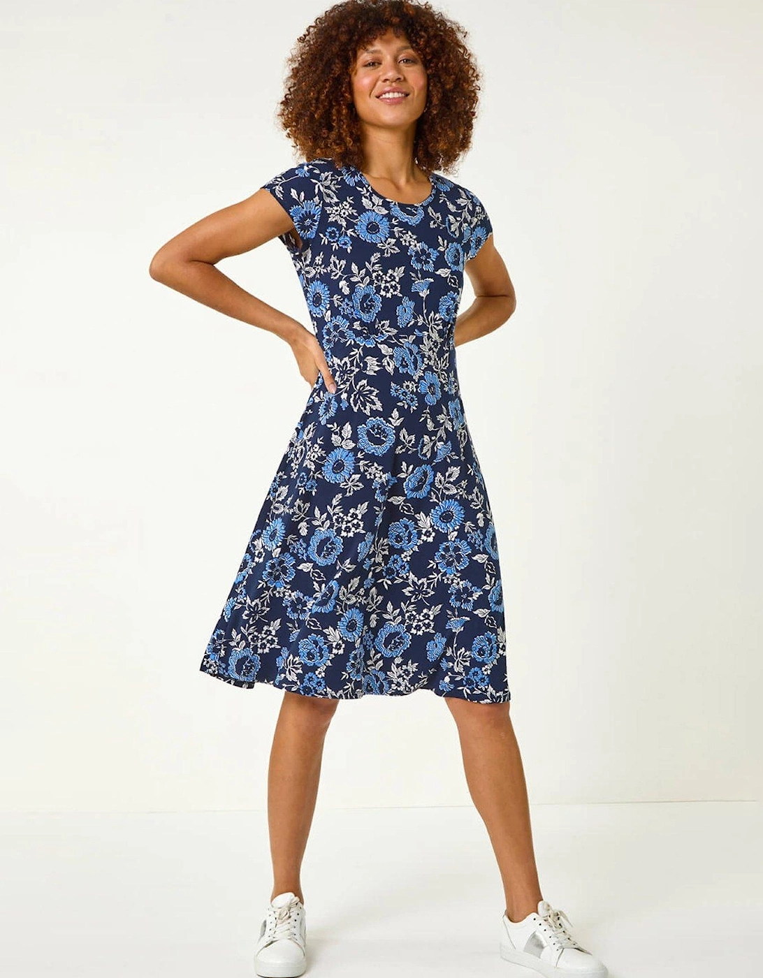 Floral Print Tea Dress - Navy, 2 of 1