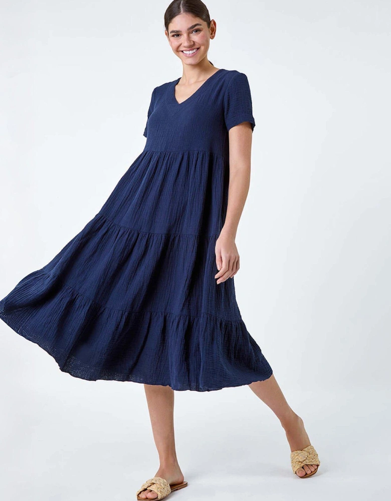 Cotton Textured Tiered Midi Dress