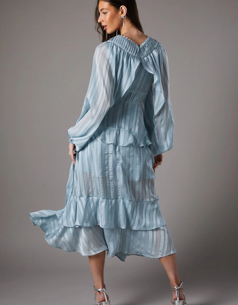 Frill Midi Dress With Blouson Sleeve