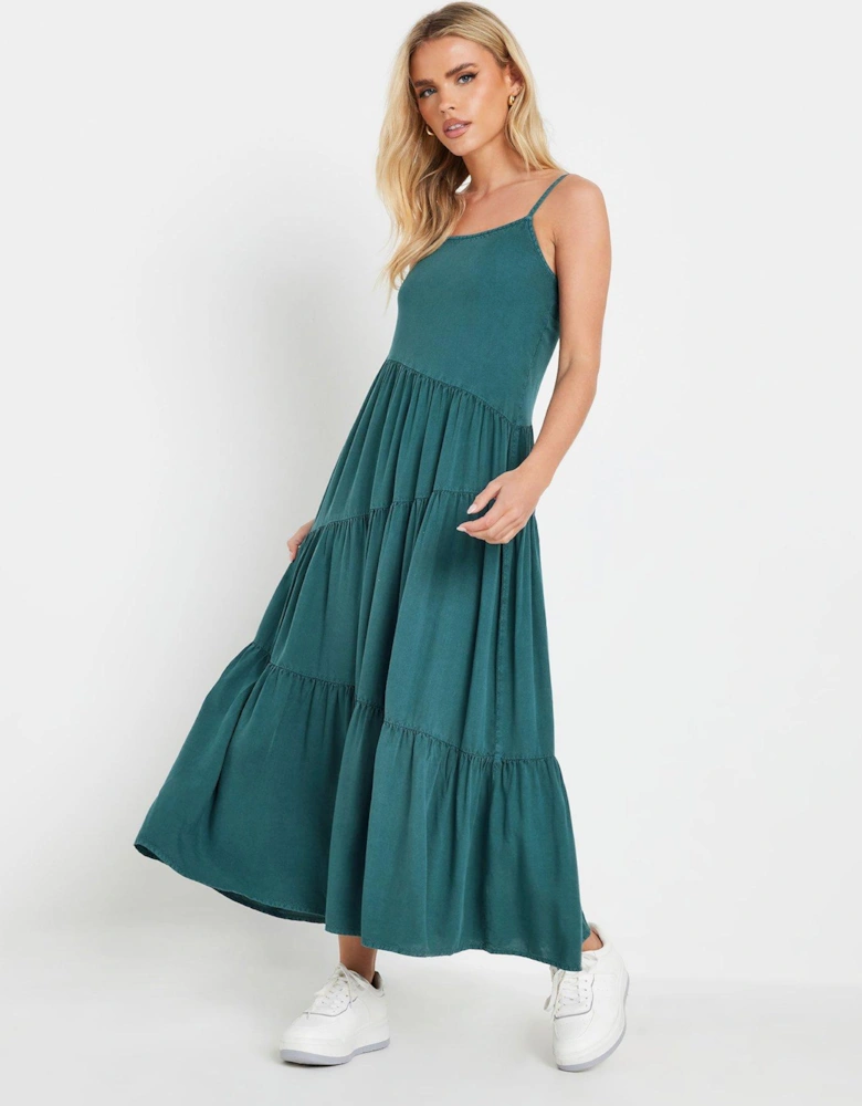 Petite Acid Wash Asymmetric Tiered Maxi Dress